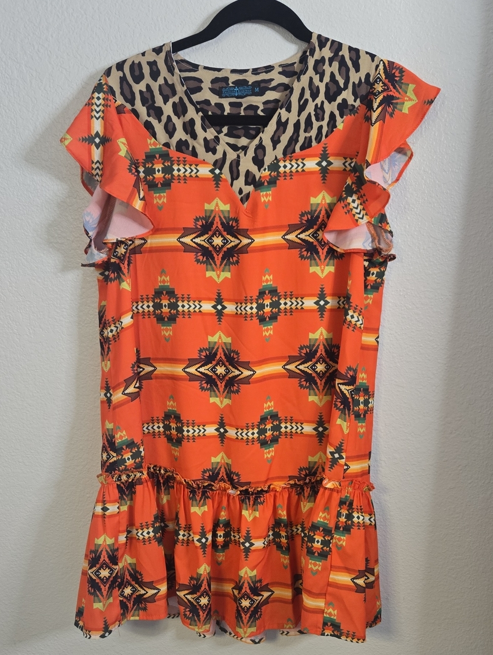 Bright Orange Southwestern Print Ruffle Hem Mini Dress
